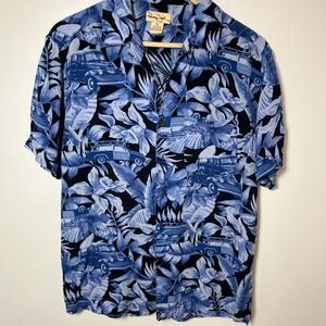 Panama Jack Hawaiian Floral‎ Cars Blue Camp Button Shirt Short Sleeve Size Small